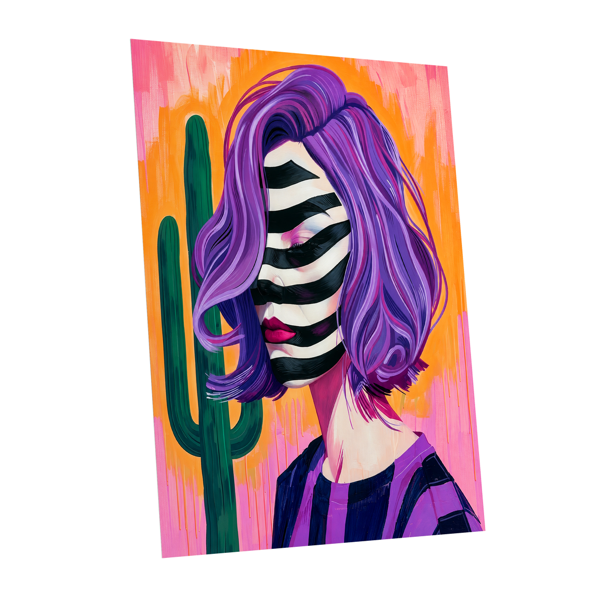 Cactus Masquerade, purple, orange, pink abstract wall art shown as a unframed poster wall art print