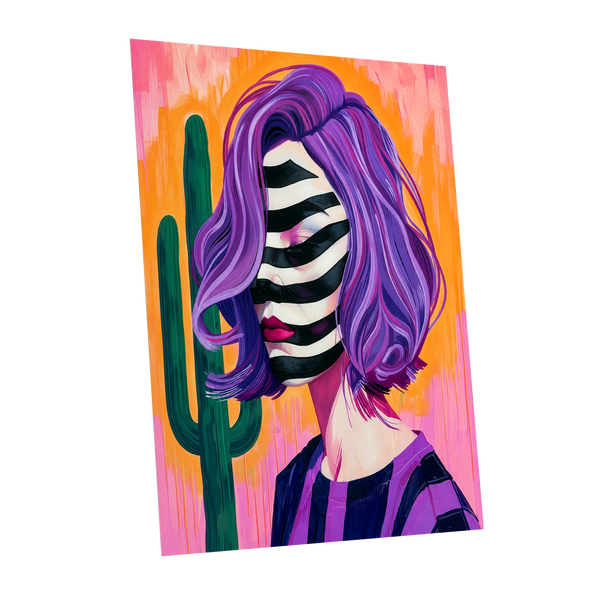 Cactus Masquerade, purple, orange, pink abstract wall art shown as a unframed poster wall art print