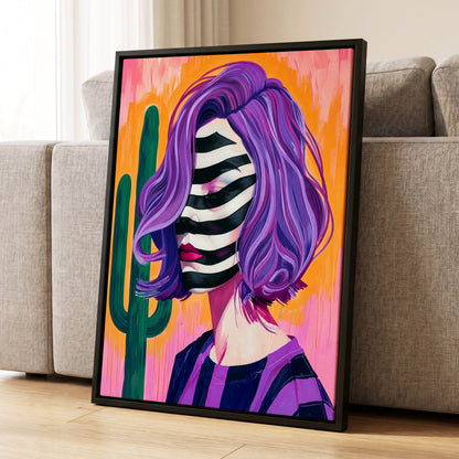 Cactus Masquerade, purple, orange, pink abstract wall art displayed in a styled interior, gallery view 1