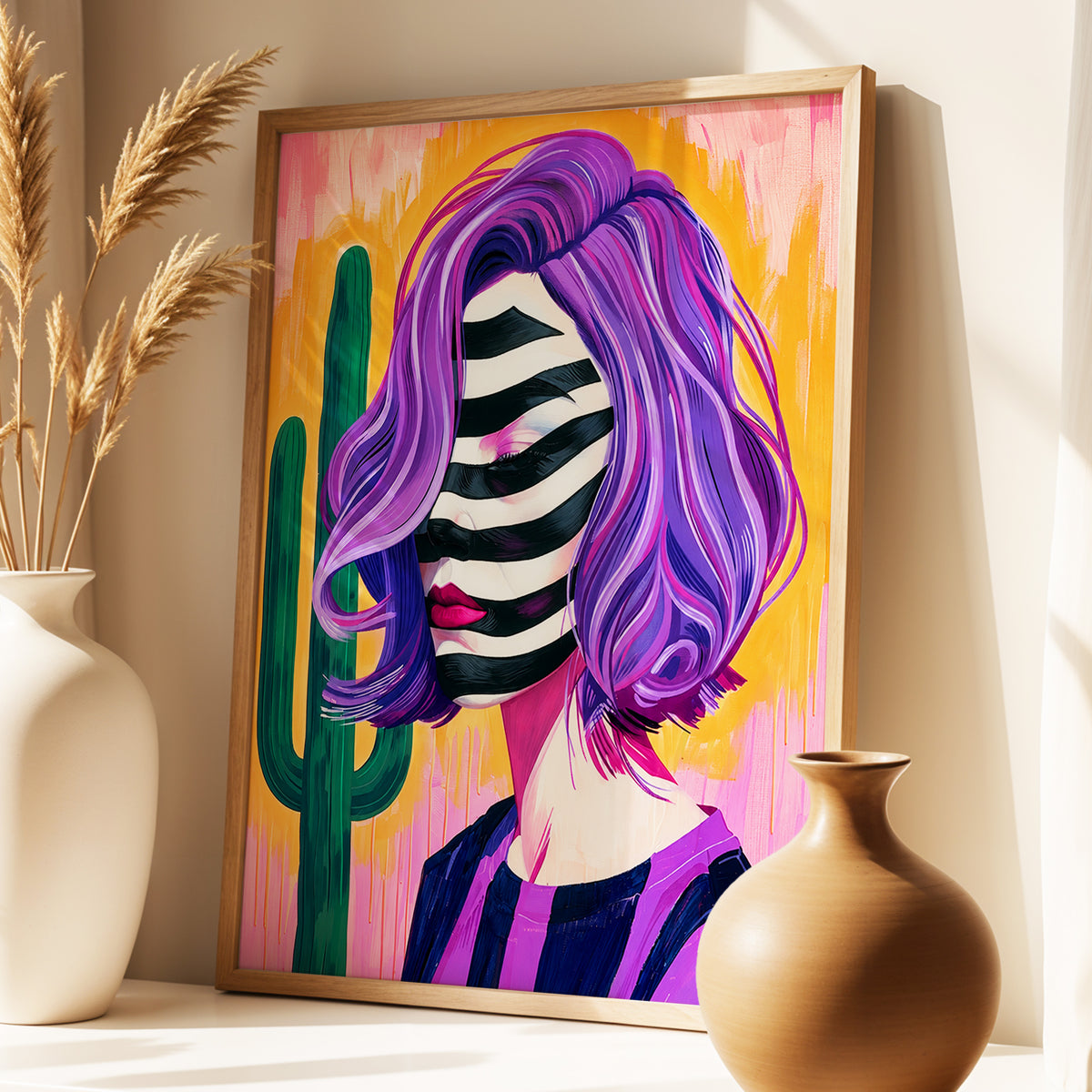 Cactus Masquerade, purple, orange, pink abstract wall art displayed in a styled interior, gallery view 2