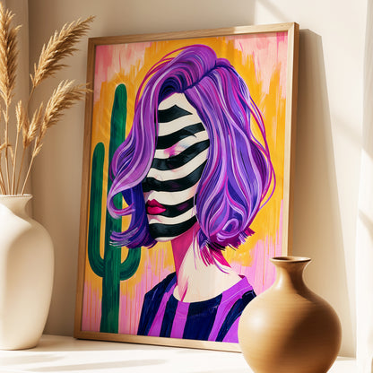 Cactus Masquerade, purple, orange, pink abstract wall art displayed in a styled interior, gallery view 2