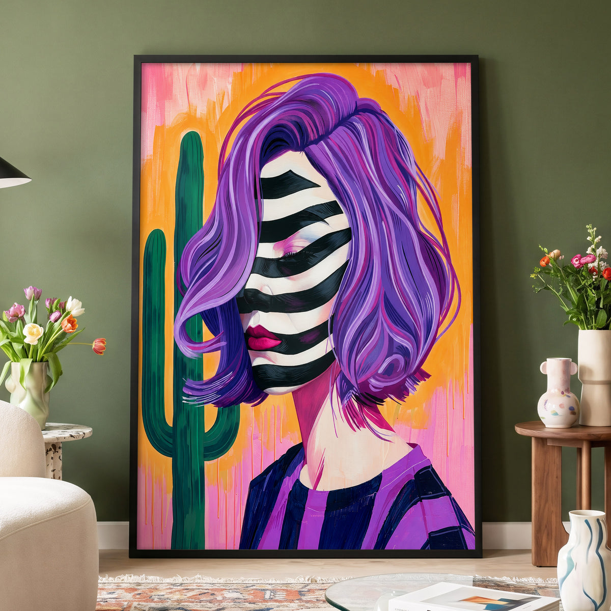 Cactus Masquerade, purple, orange, pink abstract wall art displayed in a styled interior, gallery view 3