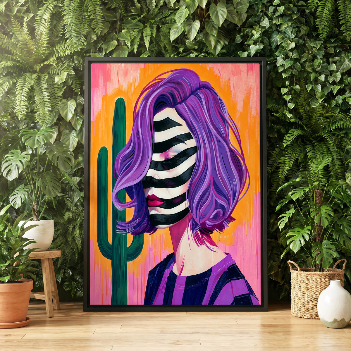 Cactus Masquerade, purple, orange, pink abstract wall art displayed in a styled interior, gallery view 4