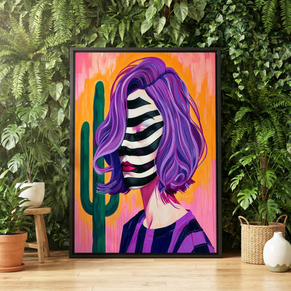 Cactus Masquerade, purple, orange, pink abstract wall art displayed in a styled interior, gallery view 4
