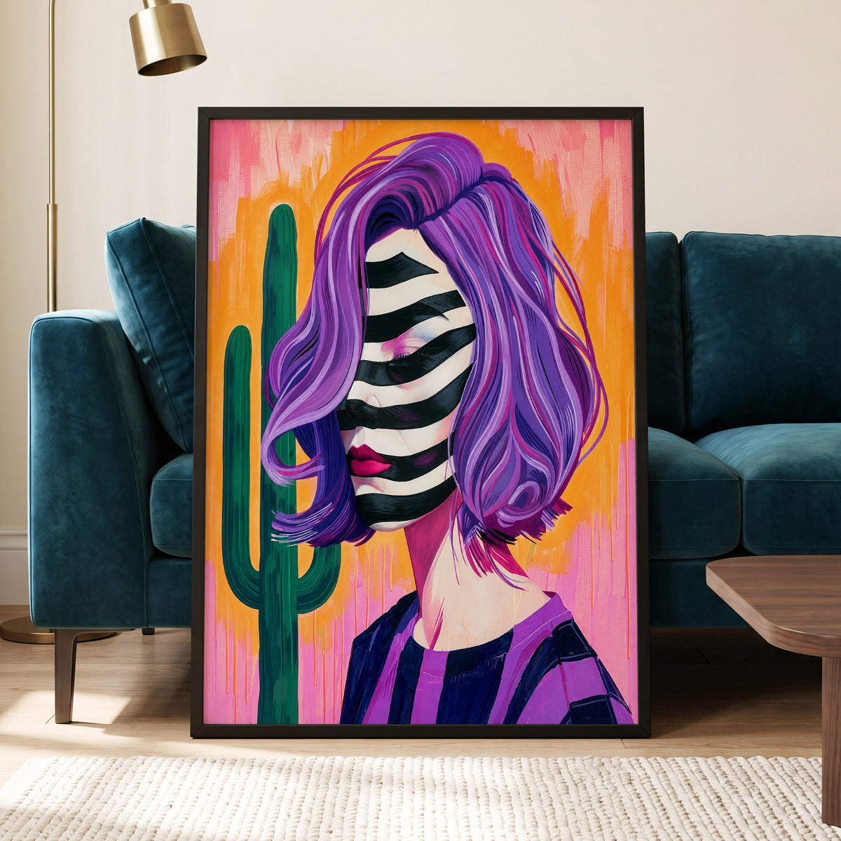 Cactus Masquerade, purple, orange, pink abstract wall art displayed in a styled interior, gallery view 5