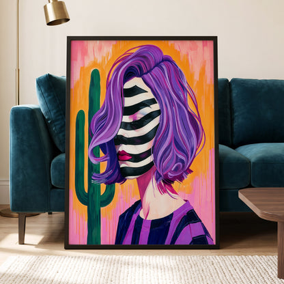 Cactus Masquerade, purple, orange, pink abstract wall art displayed in a styled interior, gallery view 5