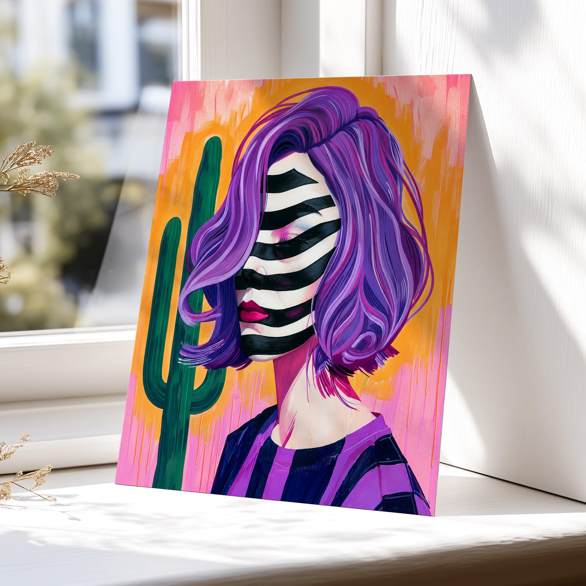 Cactus Masquerade, purple, orange, pink abstract wall art displayed in a styled interior, gallery view 6