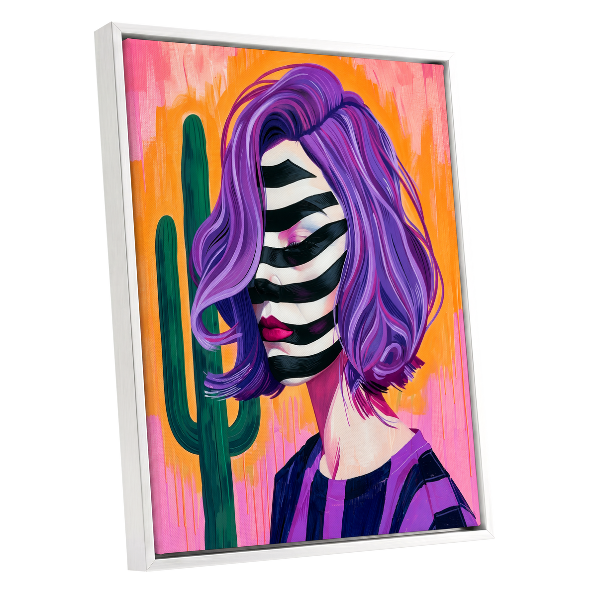 Cactus Masquerade, purple, orange, pink abstract wall art shown as a white framed canvas wall art