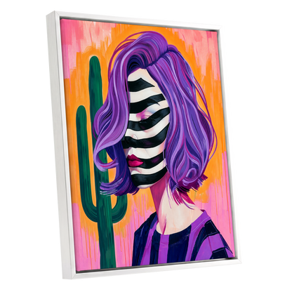 Cactus Masquerade, purple, orange, pink abstract wall art shown as a white framed canvas wall art