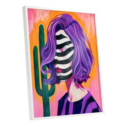Cactus Masquerade, purple, orange, pink abstract wall art shown as a white framed poster wall art print