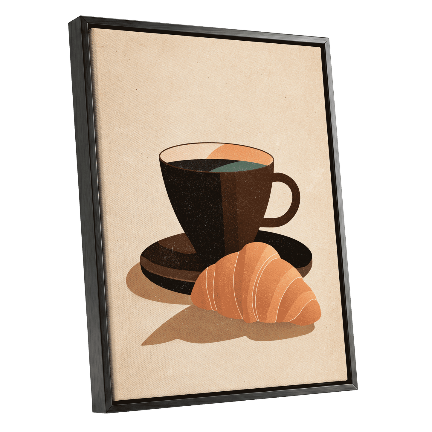 Café Morning, beige, brown, black minimalist wall art shown as a black framed canvas wall art