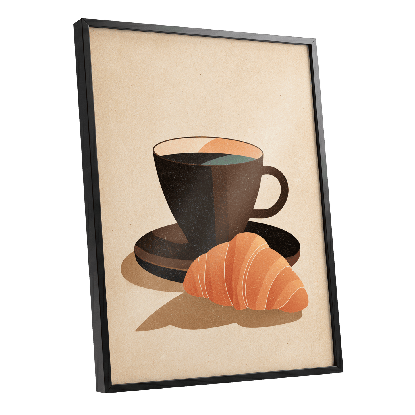 Café Morning, beige, brown, black minimalist wall art shown as a black framed poster wall art print