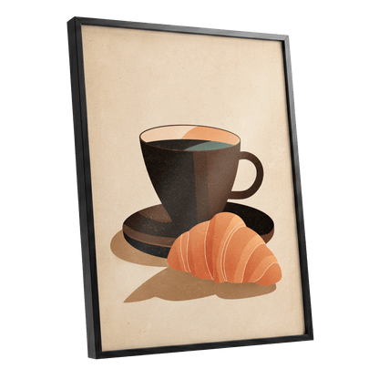 Café Morning, beige, brown, black minimalist wall art shown as a black framed poster wall art print