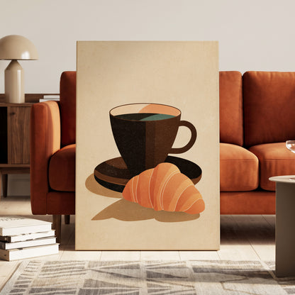 Café Morning, beige, brown, black minimalist wall art on canvas displayed in a styled interior, gallery view 1