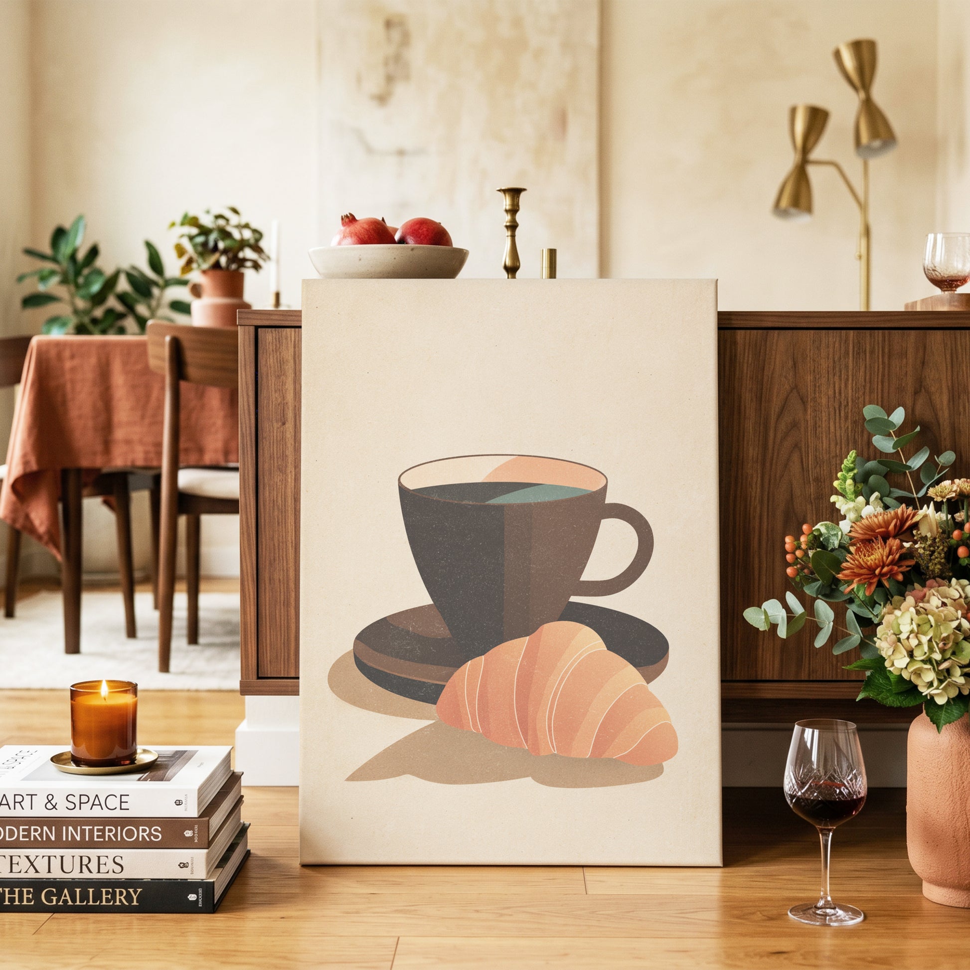 Café Morning, beige, brown, black minimalist wall art on canvas displayed in a styled interior, gallery view 2