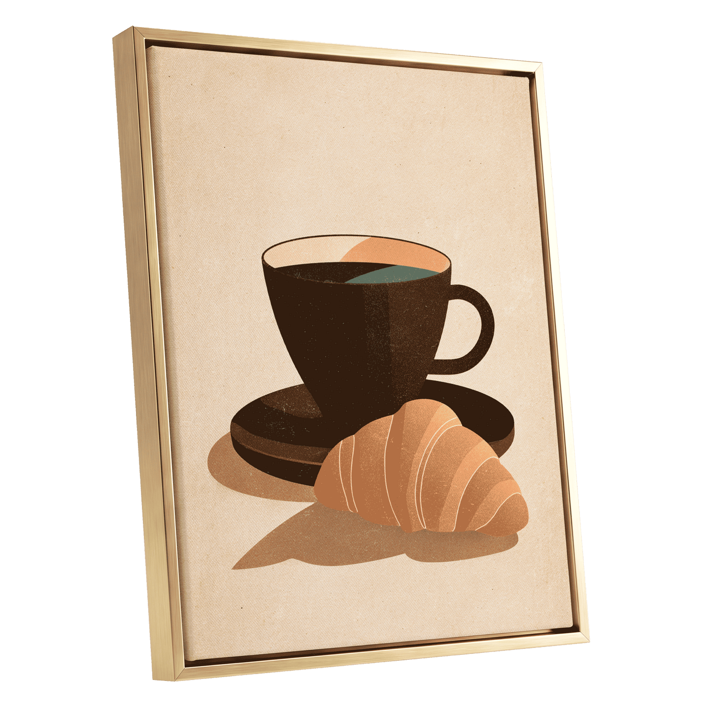 Café Morning, beige, brown, black minimalist wall art shown as a gold framed canvas wall art