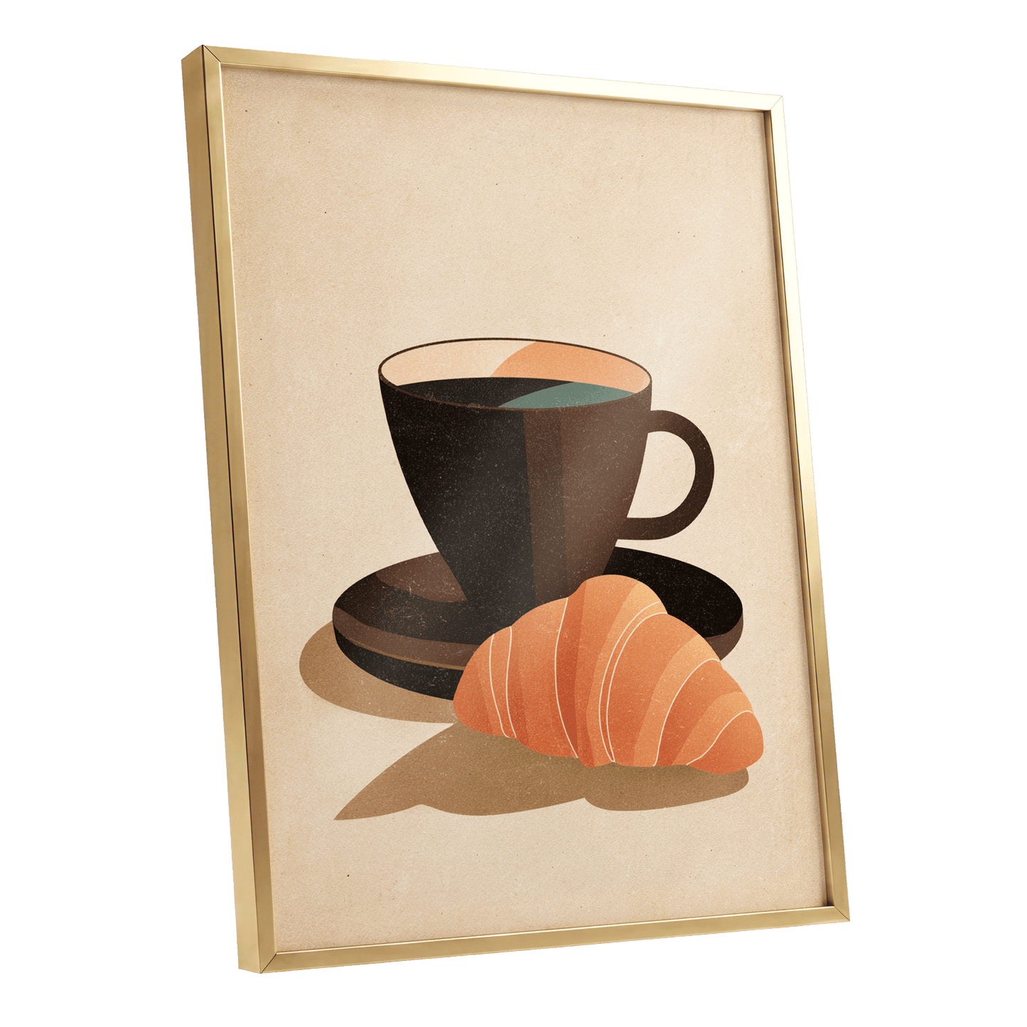 Café Morning, beige, brown, black minimalist wall art shown as a gold framed poster wall art print
