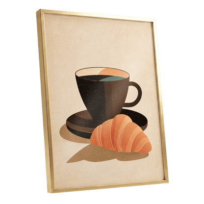 Café Morning, beige, brown, black minimalist wall art shown as a gold framed poster wall art print
