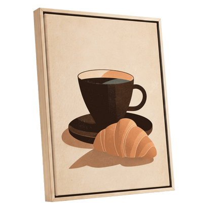 Café Morning, beige, brown, black minimalist wall art shown as a oak framed canvas wall art
