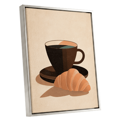 Café Morning, beige, brown, black minimalist wall art shown as a silver framed canvas wall art