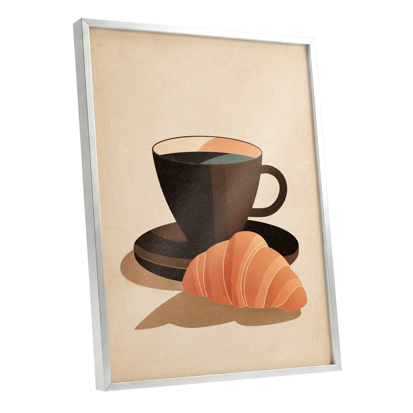 Café Morning, beige, brown, black minimalist wall art shown as a silver framed poster wall art print