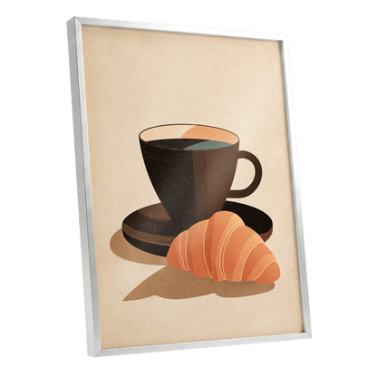Café Morning, beige, brown, black minimalist wall art shown as a silver framed poster wall art print