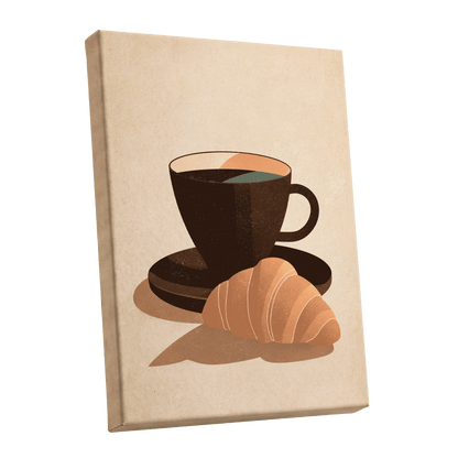 Café Morning, beige, brown, black minimalist wall art shown as a stretched canvas wall art