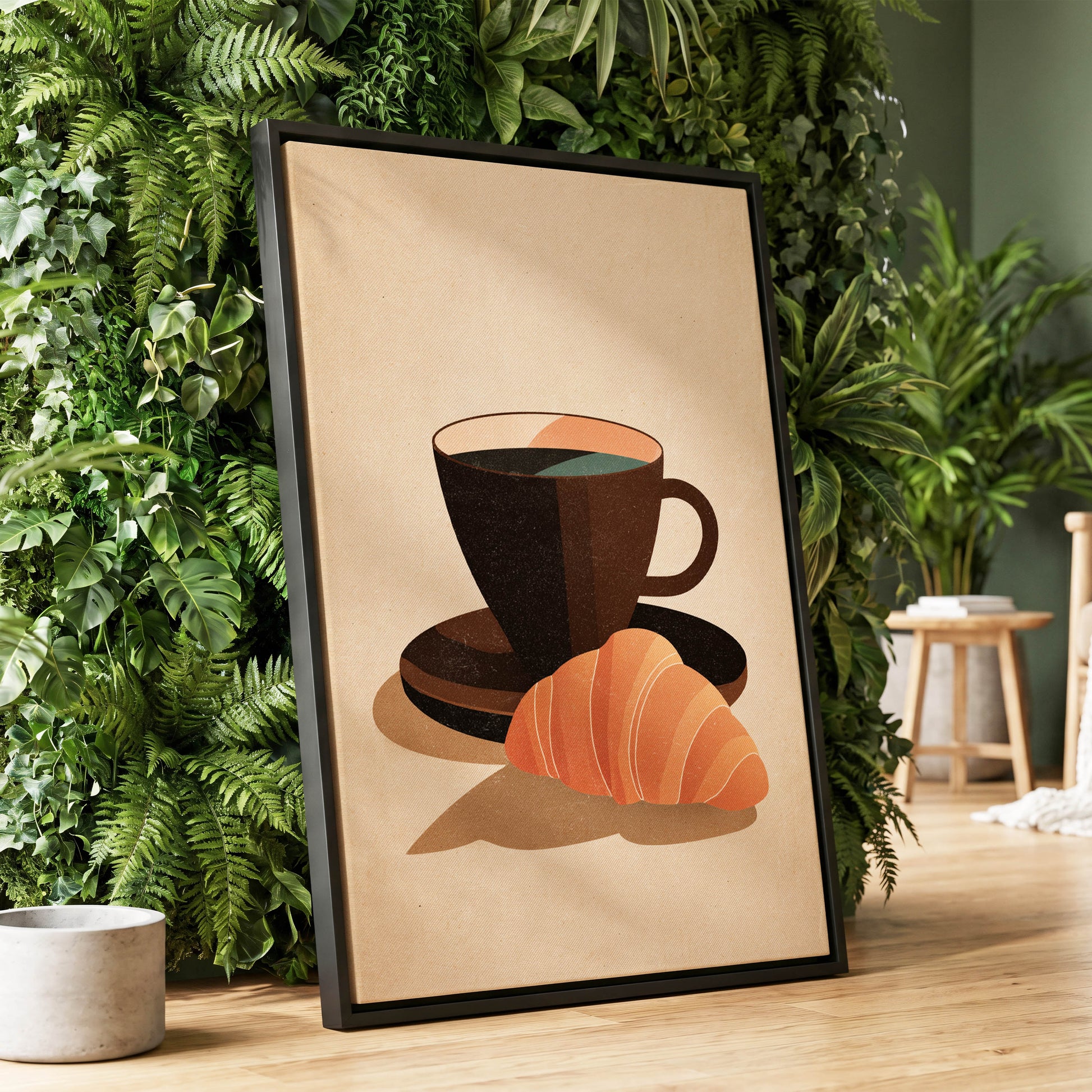 Café Morning, beige, brown, black minimalist wall art displayed in a styled interior, gallery view 1