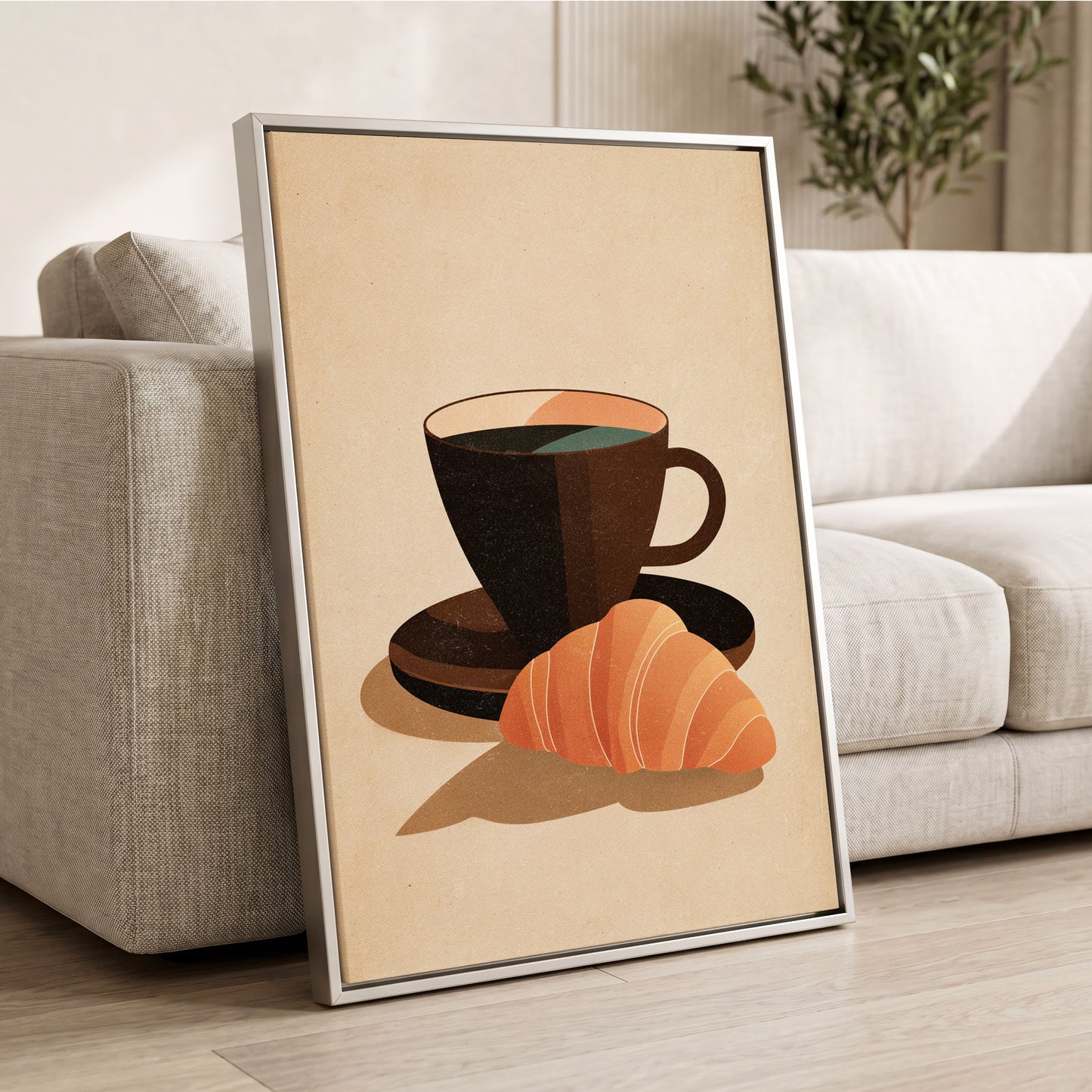 Café Morning, beige, brown, black minimalist wall art displayed in a styled interior, gallery view 2