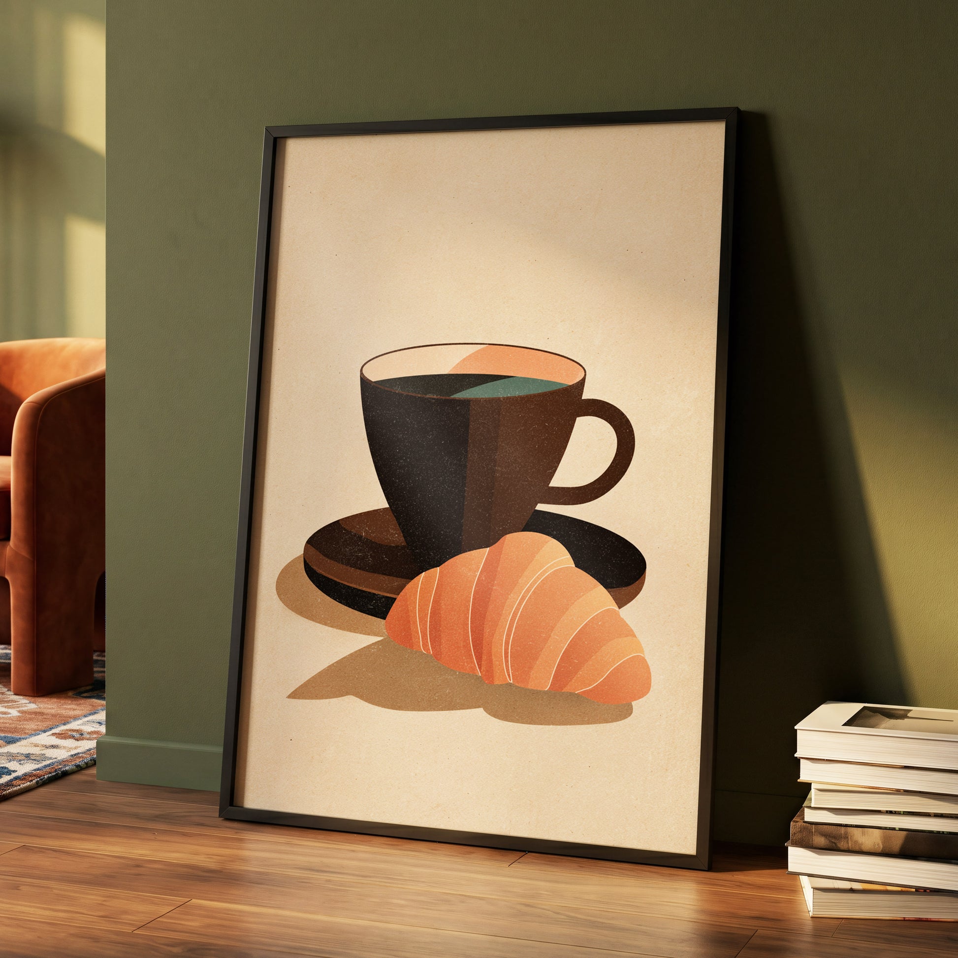 Café Morning, beige, brown, black minimalist wall art displayed in a styled interior, gallery view 4