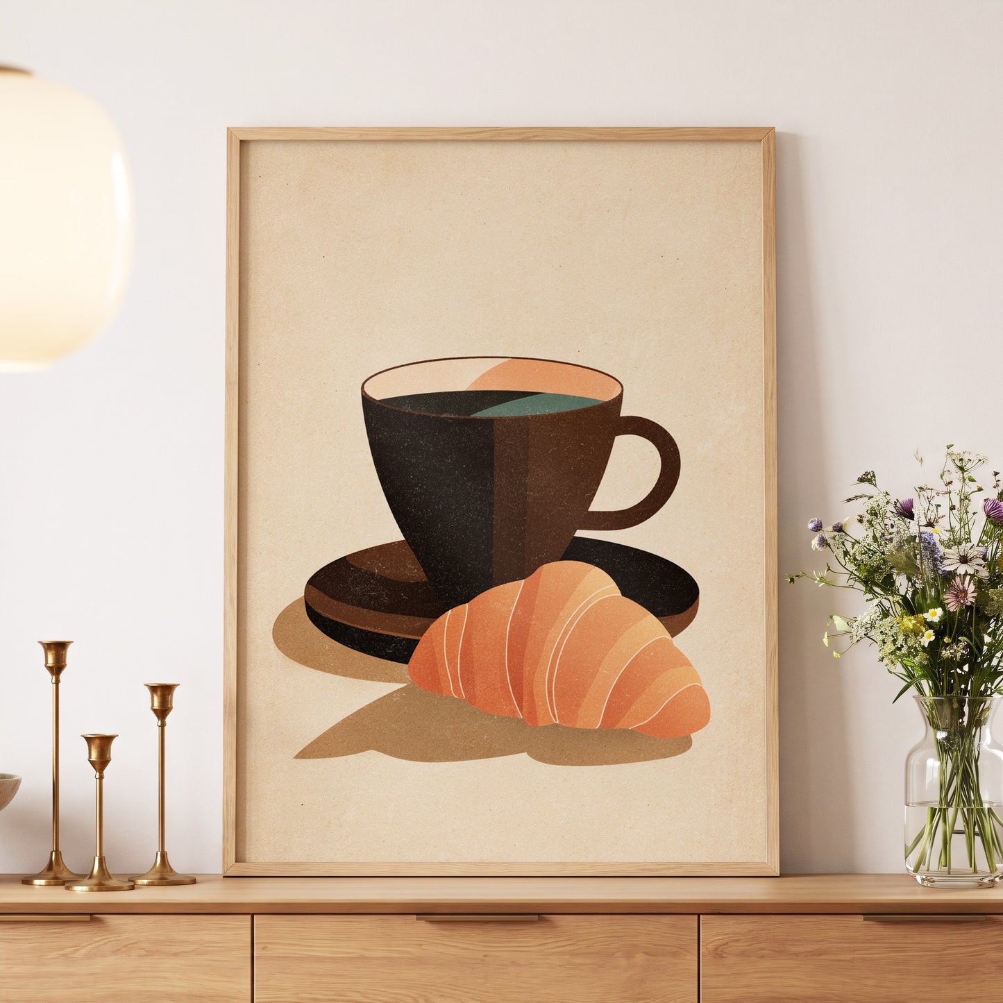 Café Morning, beige, brown, black minimalist wall art displayed in a styled interior, gallery view 5