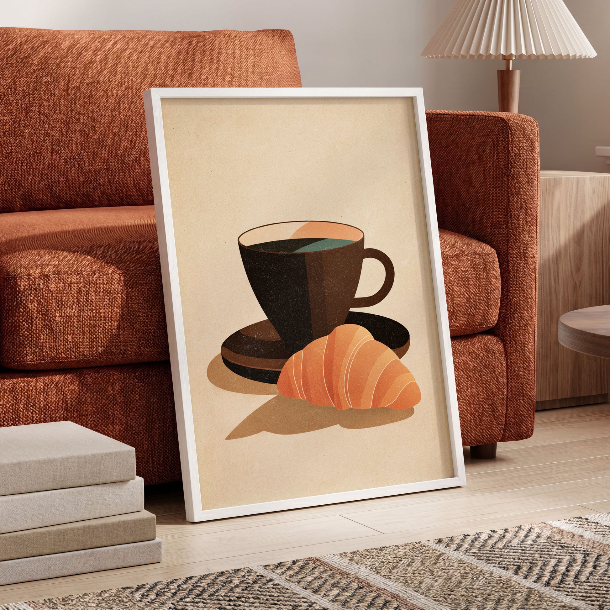 Café Morning, beige, brown, black minimalist wall art displayed in a styled interior, gallery view 6