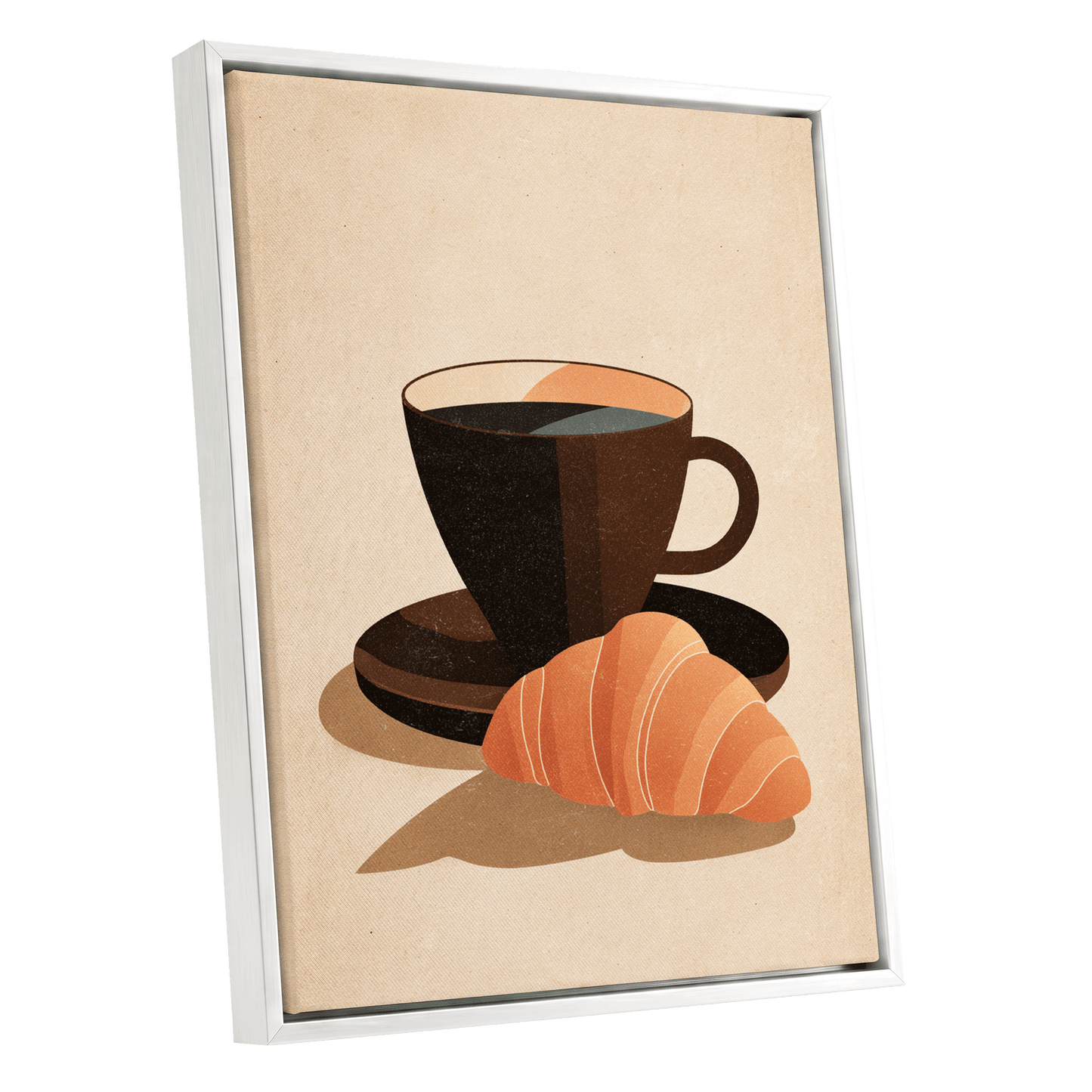 Café Morning, beige, brown, black minimalist wall art shown as a white framed canvas wall art