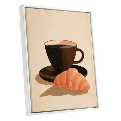 Café Morning, beige, brown, black minimalist wall art shown as a white framed canvas wall art