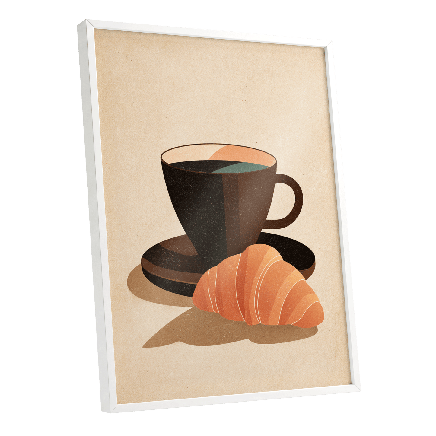 Café Morning, beige, brown, black minimalist wall art shown as a white framed poster wall art print