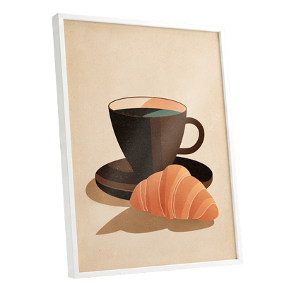 Café Morning, beige, brown, black minimalist wall art shown as a white framed poster wall art print