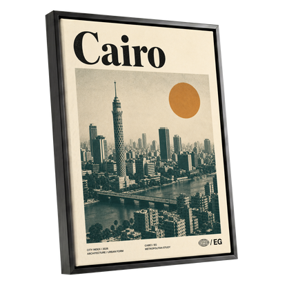 Cairo Modernist Vista, beige, black, orange minimalist wall art shown as a black framed canvas wall art