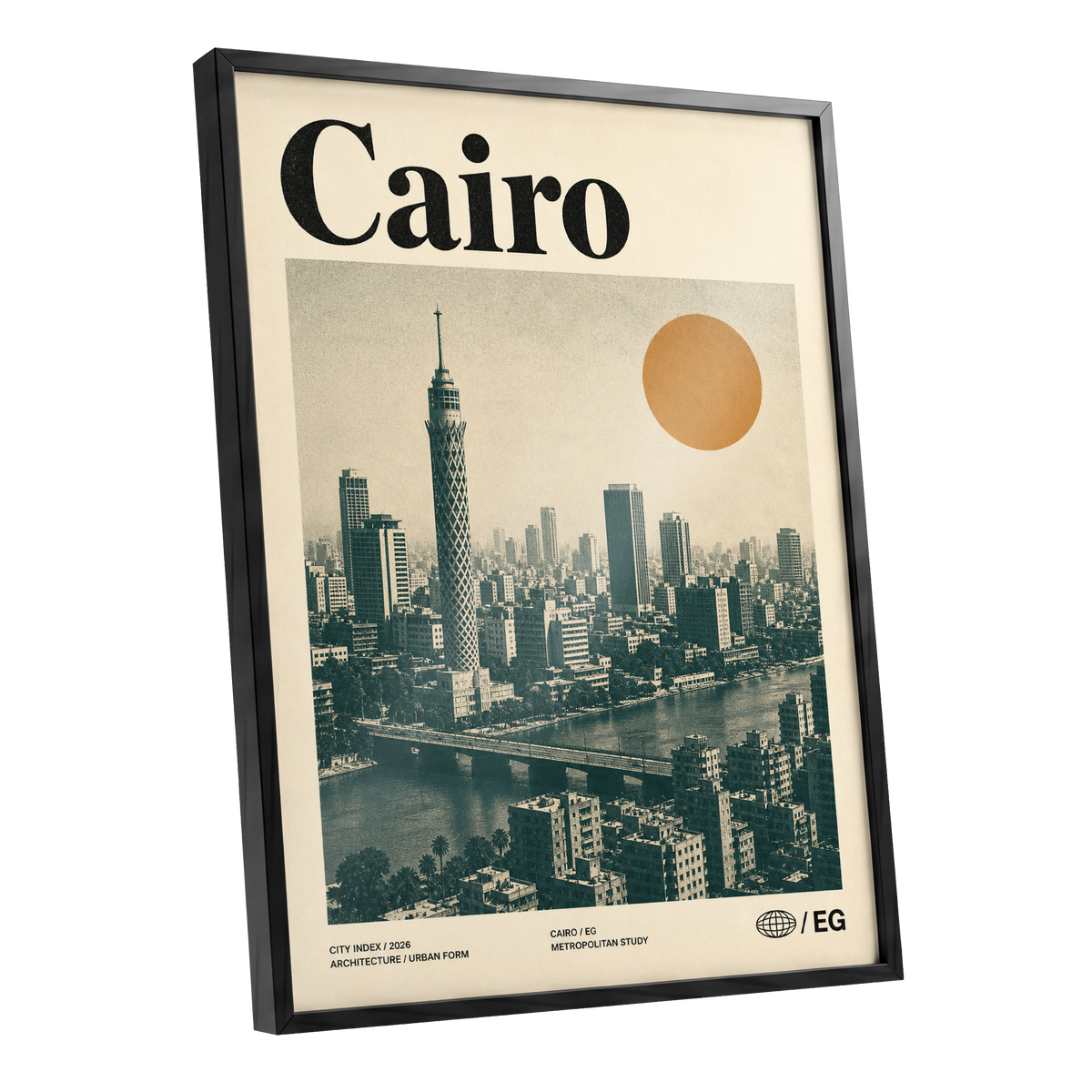 Cairo Modernist Vista, beige, black, orange minimalist wall art shown as a black framed poster wall art print