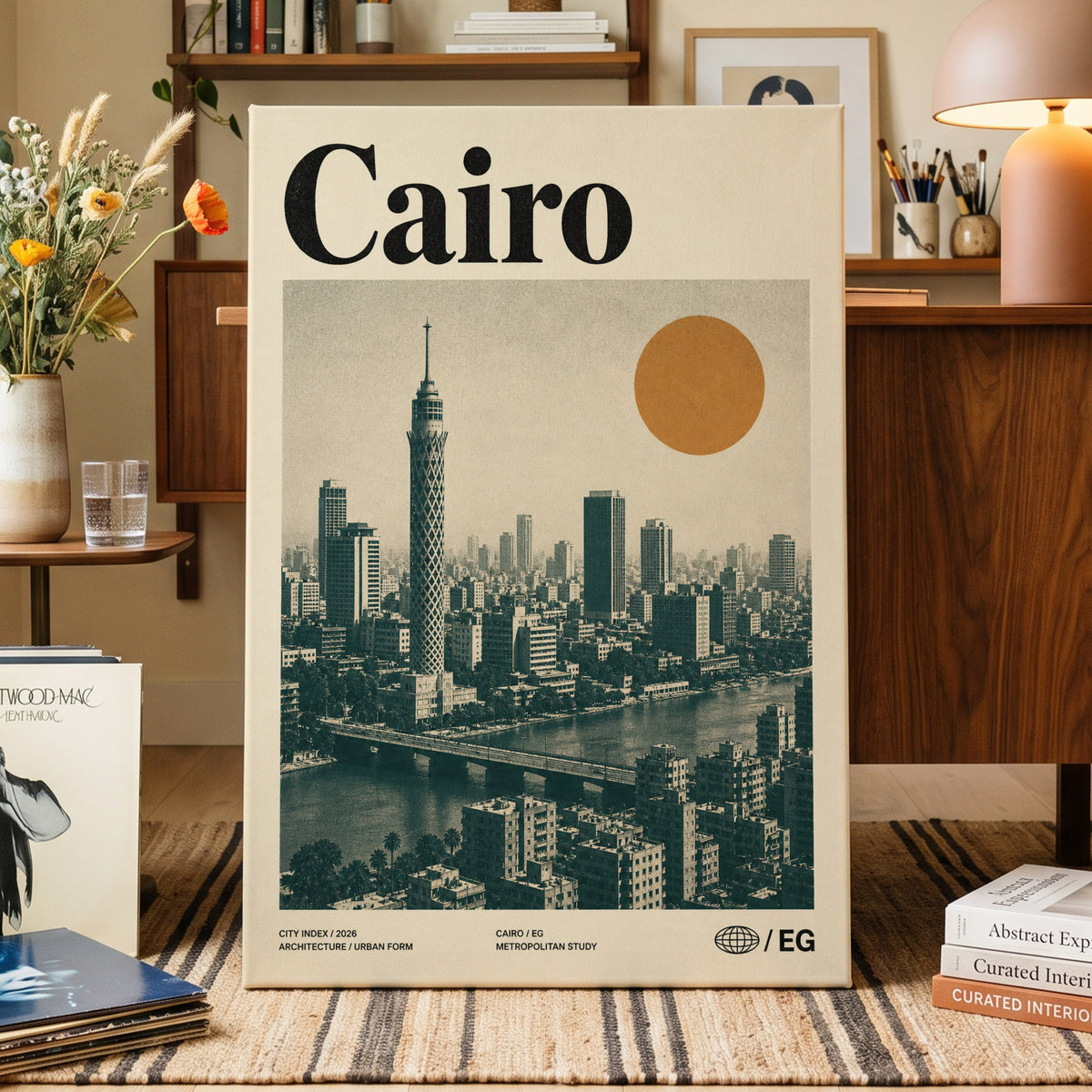 Cairo Modernist Vista, beige, black, orange minimalist wall art on canvas displayed in a styled interior, gallery view 1
