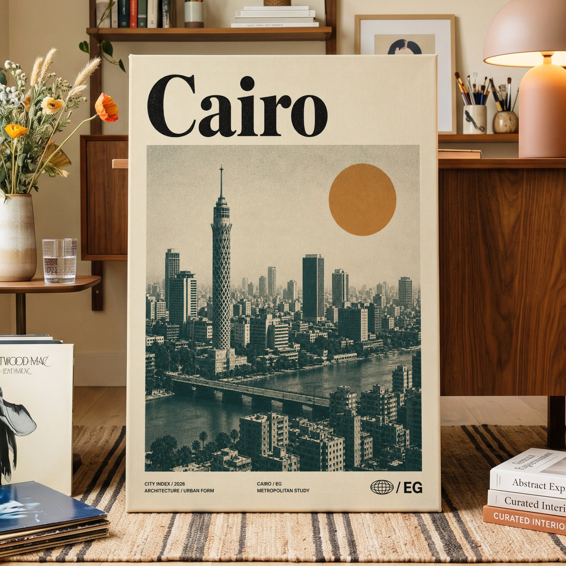 Cairo Modernist Vista, beige, black, orange minimalist wall art on canvas displayed in a styled interior, gallery view 1