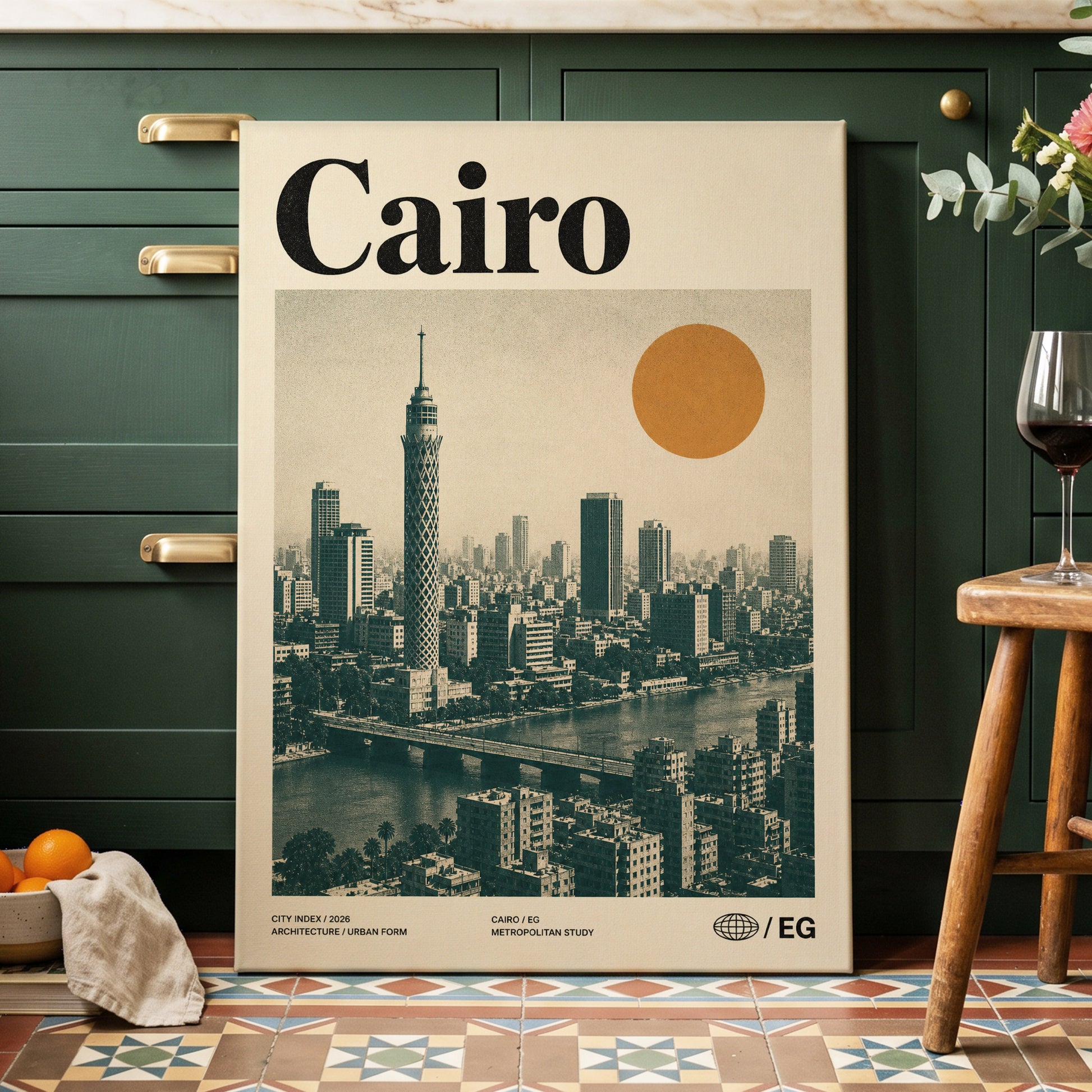 Cairo Modernist Vista, beige, black, orange minimalist wall art on canvas displayed in a styled interior, gallery view 2