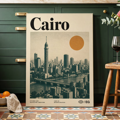 Cairo Modernist Vista, beige, black, orange minimalist wall art on canvas displayed in a styled interior, gallery view 2
