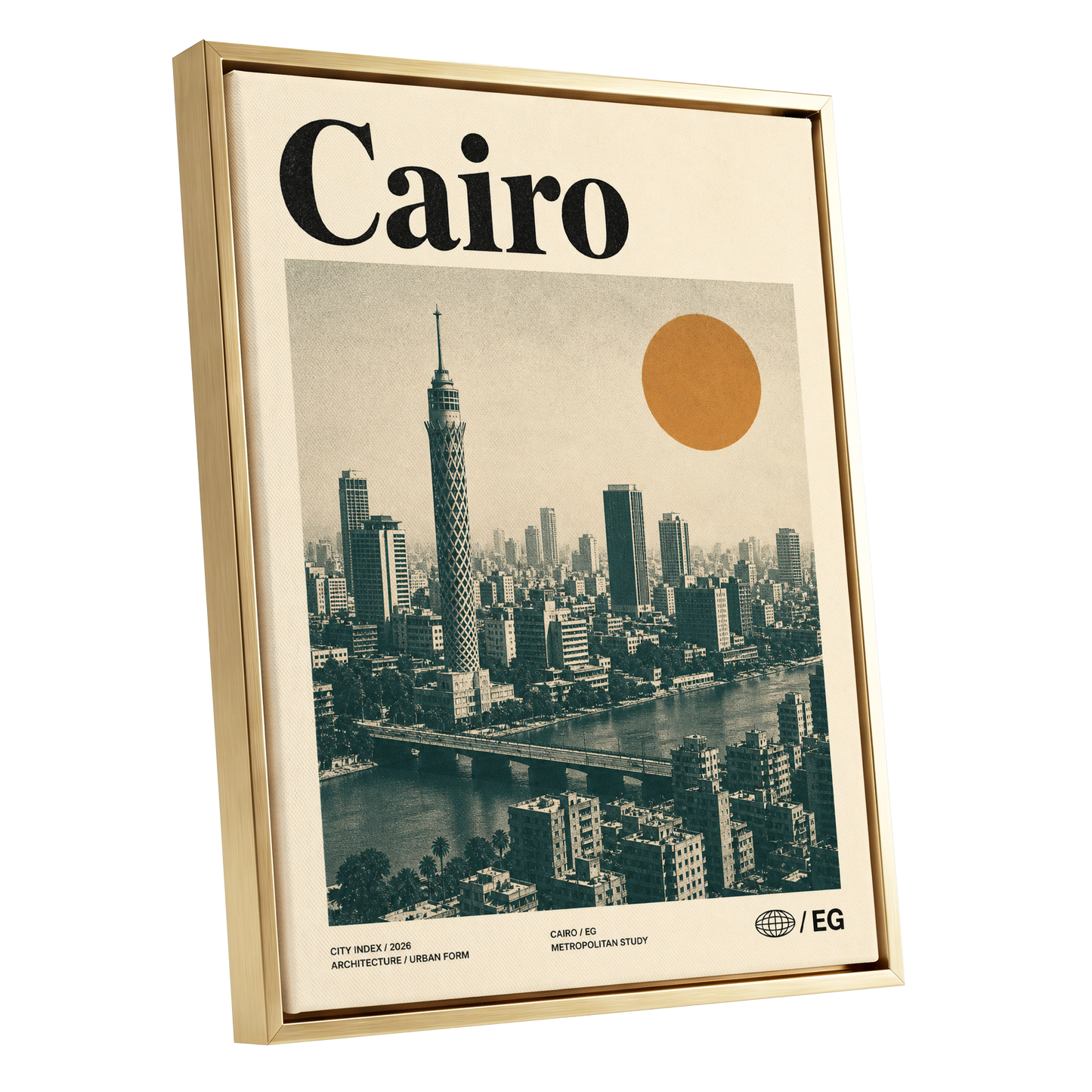 Cairo Modernist Vista, beige, black, orange minimalist wall art shown as a gold framed canvas wall art