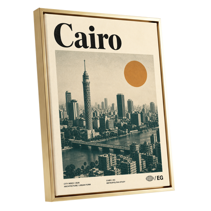 Cairo Modernist Vista, beige, black, orange minimalist wall art shown as a gold framed canvas wall art