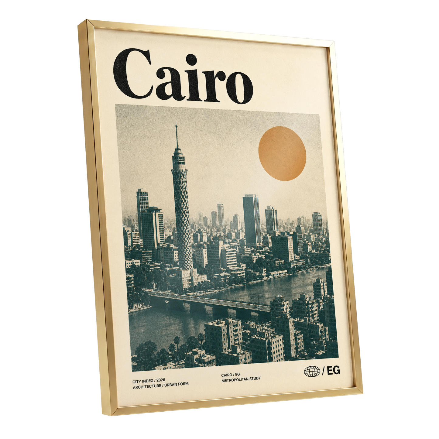 Cairo Modernist Vista, beige, black, orange minimalist wall art shown as a gold framed poster wall art print