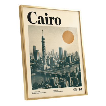 Cairo Modernist Vista, beige, black, orange minimalist wall art shown as a gold framed poster wall art print