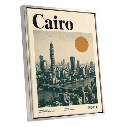 Cairo Modernist Vista, beige, black, orange minimalist wall art shown as a silver framed canvas wall art