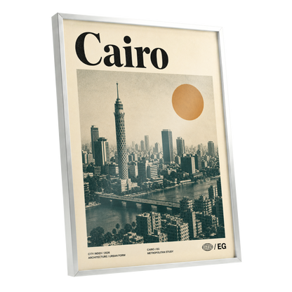 Cairo Modernist Vista, beige, black, orange minimalist wall art shown as a silver framed poster wall art print
