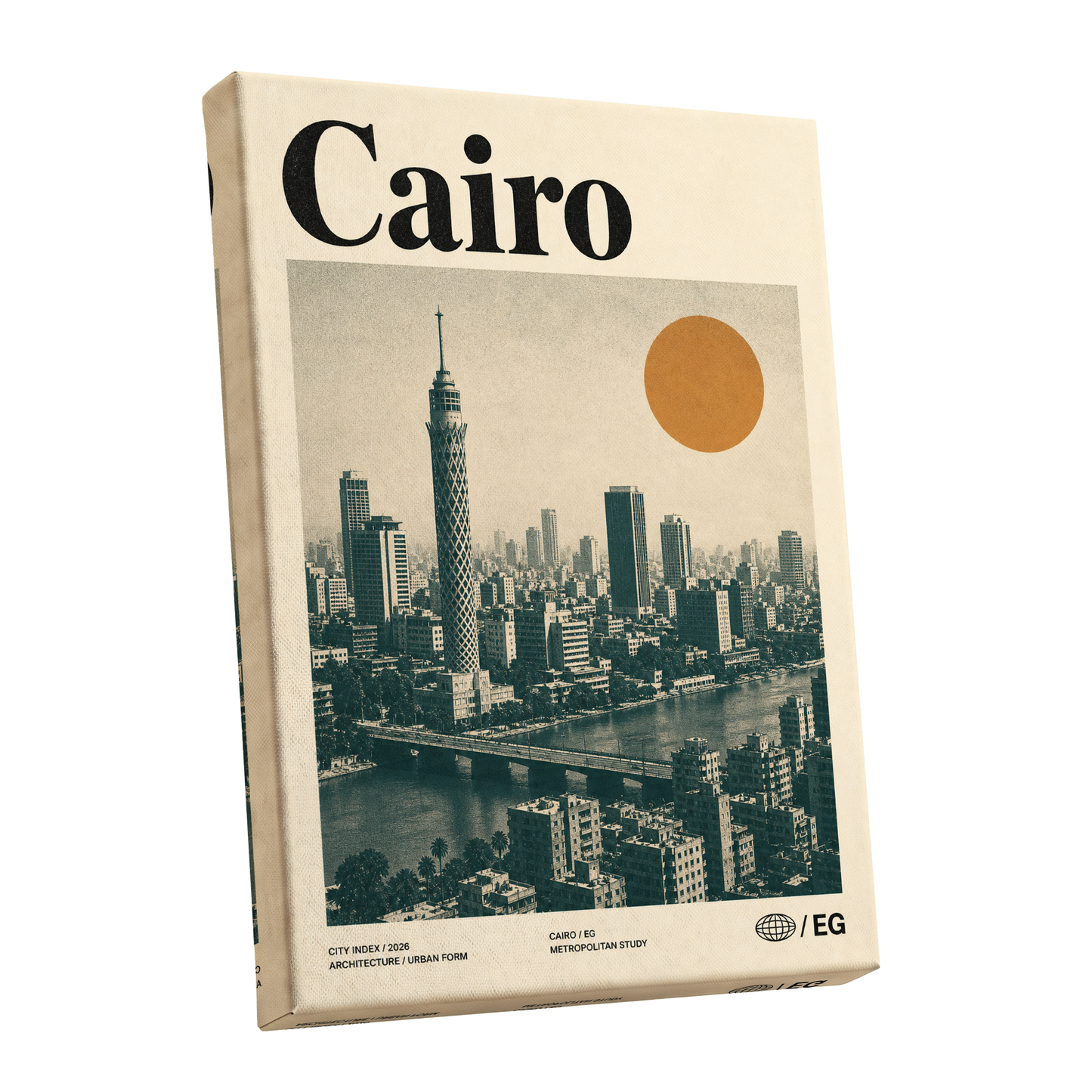 Cairo Modernist Vista, beige, black, orange minimalist wall art shown as a stretched canvas wall art