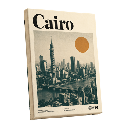 Cairo Modernist Vista, beige, black, orange minimalist wall art shown as a stretched canvas wall art